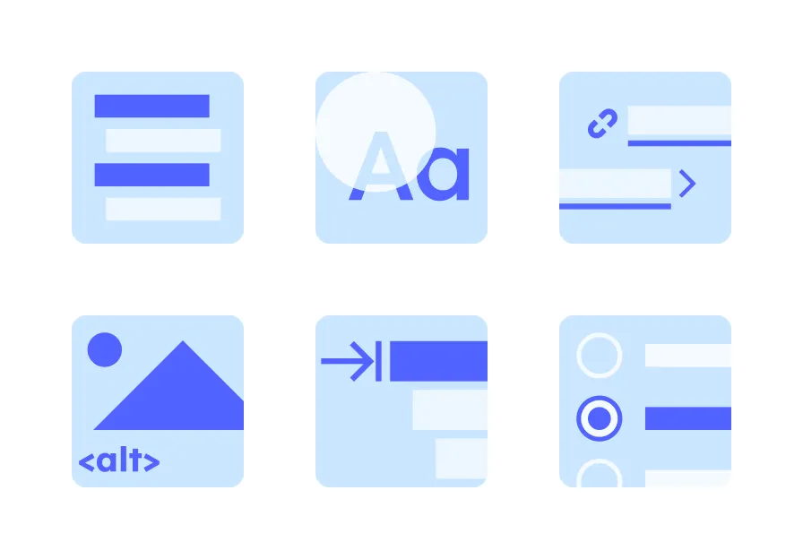 Sechs vereinfachte, blau gestaltete Icons veranschaulichen zentrale Aspekte der Barrierefreiheit: strukturierter Text, Typografie, Links, Bild mit Alternativtext (alt), Navigation sowie auswählbare Interface-Elemente.