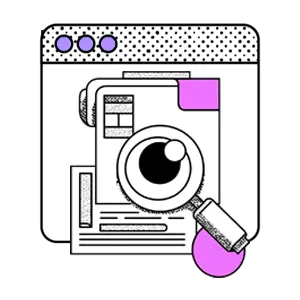 Browser window with a magnifying glass looking like an eye.