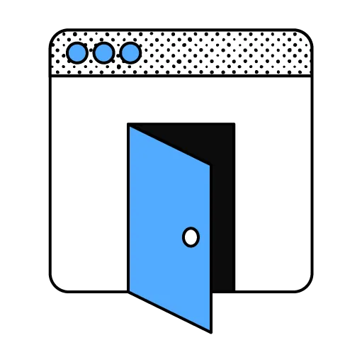 Abstract illustration of an application window with a blue door set into it. The blue door is opening.
