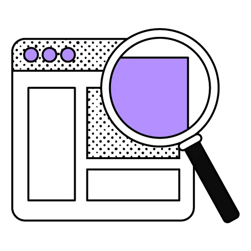 Abstract illustrationn showing a magnifying glass being used to inspect an application window. The contents of the application are brought into clarity and sharpness and are highlighted in purple.