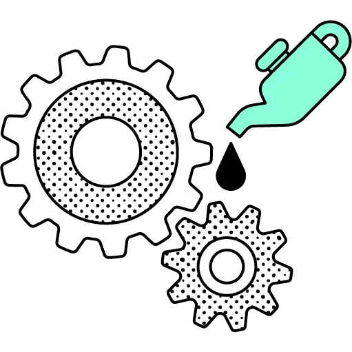 Abstract illustration of an green oilcan being used to oil two cogs.